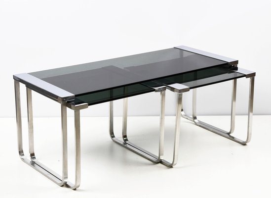 Mid-Century Italian Chromed Metal, Aluminum, Smoked Glass Nesting Tables, 1970s, Set of 3-JDR-1125649