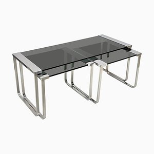 Mid-Century Italian Chromed Metal, Aluminum, Smoked Glass Nesting Tables, 1970s, Set of 3-JDR-1125649