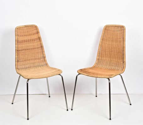 Mid-Century Italian Chromed Metal Chairs with Removable Rattan and Wicker, 1970s, Set of 4-JDR-1125857