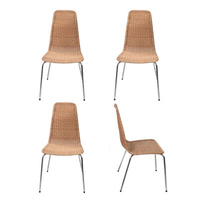 Mid-Century Italian Chromed Metal Chairs with Removable Rattan and Wicker, 1970s, Set of 4-JDR-1125857