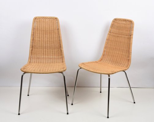 Mid-Century Italian Chromed Metal Chairs with Removable Rattan and Wicker, 1970s, Set of 4-JDR-1125857