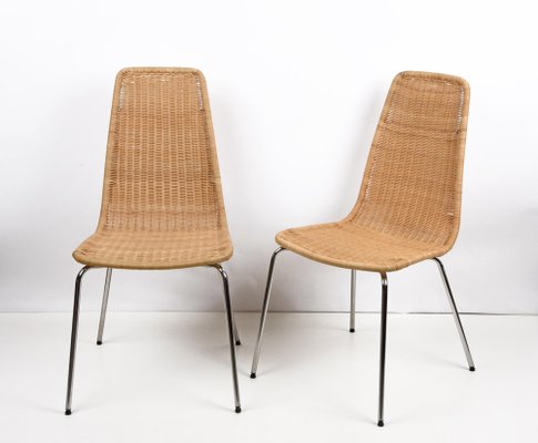 Mid-Century Italian Chromed Metal Chairs with Removable Rattan and Wicker, 1970s, Set of 4-JDR-1125857