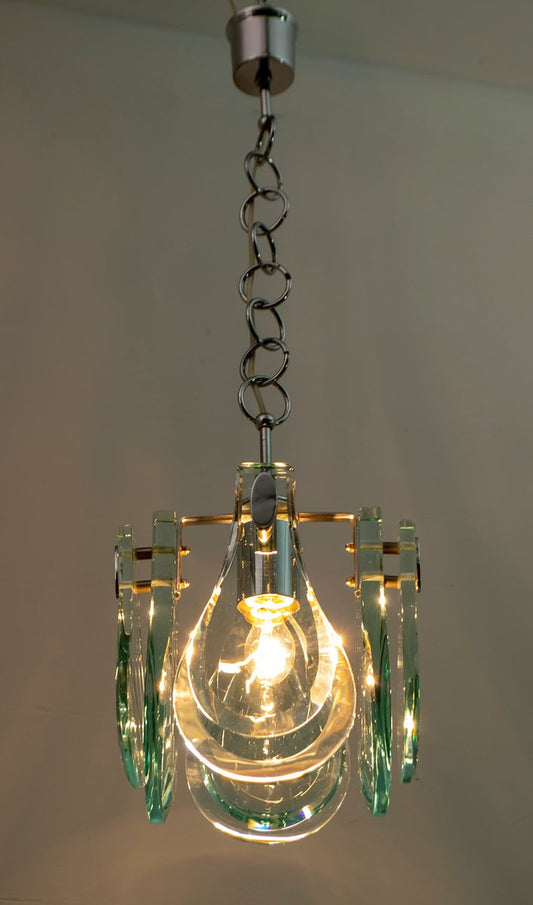 Mid-Century Italian Chromed Metal & Thick Glass Ceiling Lamp from Veca, 1960s