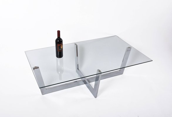 Mid-Century Italian Chromed Steel Coffee Table with Crystal Glass Top, 1970s-JDR-1125925