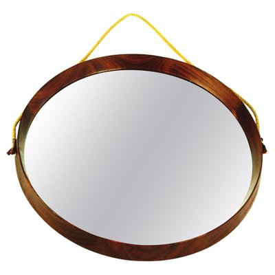 Mid-Century Italian Circular Teak and Rope Wall Mirror-MH-1052636