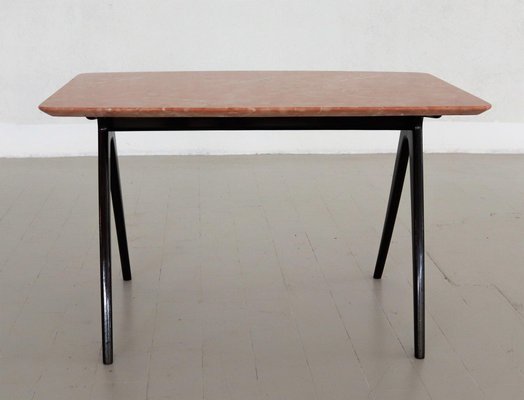 Mid-Century Italian Coffee Table with Pink Marble Top and Wooden Legs by Gio Ponti, 1950s-VNE-976170