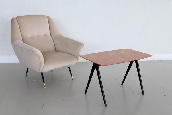 Mid-Century Italian Coffee Table with Pink Marble Top and Wooden Legs by Gio Ponti, 1950s-VNE-976170