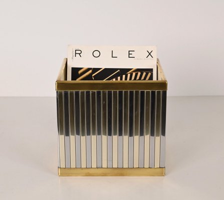 Mid-Century Italian Cubic Brass and Chromed Metal Newspaper Rack, 1970s-JDR-1257981