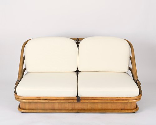 Mid-Century Italian Curved Bamboo, Maple and Leather Sofa, 1960s-JDR-1797797