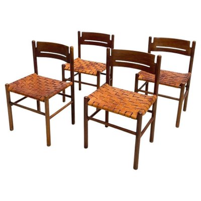 Mid-Century Italian Dining Chairs in Wood and Leather, 1960s, Set of 4-FGA-1230019