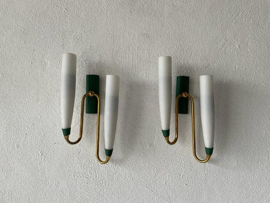 Mid-Century Italian Double Long Opal Glass & Green Metal Sconces, 1960s, Set of 2-RDS-1196877