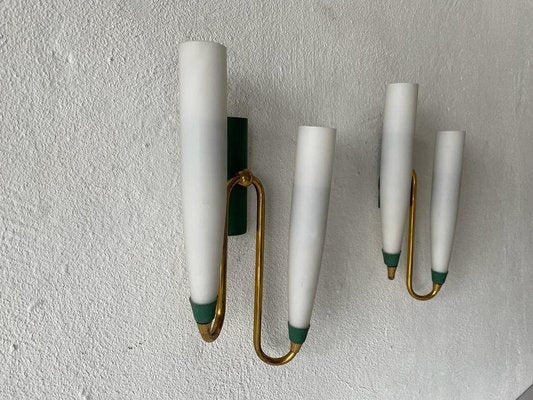 Mid-Century Italian Double Long Opal Glass & Green Metal Sconces, 1960s, Set of 2-RDS-1196877