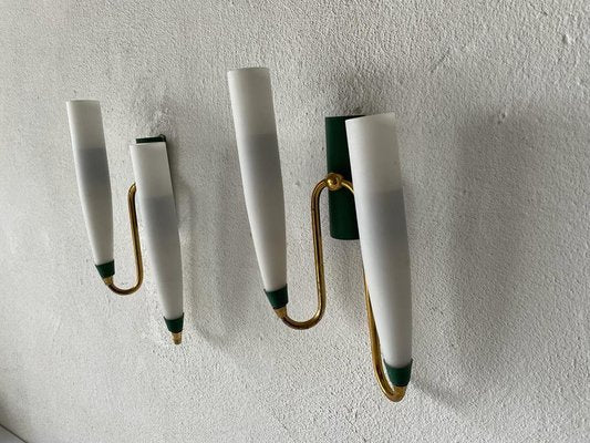 Mid-Century Italian Double Long Opal Glass & Green Metal Sconces, 1960s, Set of 2-RDS-1196877