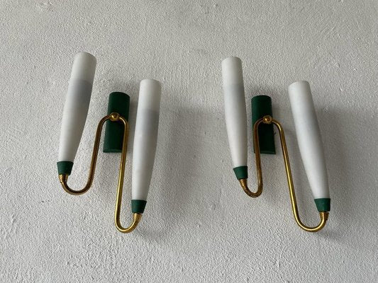 Mid-Century Italian Double Long Opal Glass & Green Metal Sconces, 1960s, Set of 2-RDS-1196877