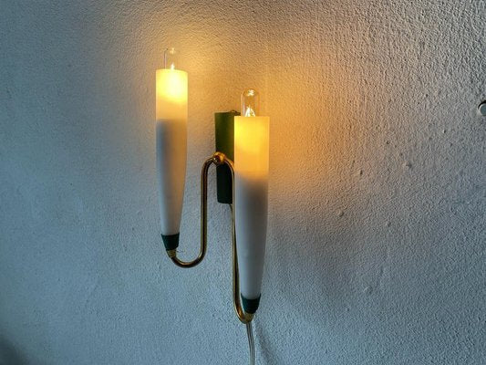 Mid-Century Italian Double Long Opal Glass & Green Metal Sconces, 1960s, Set of 2-RDS-1196877