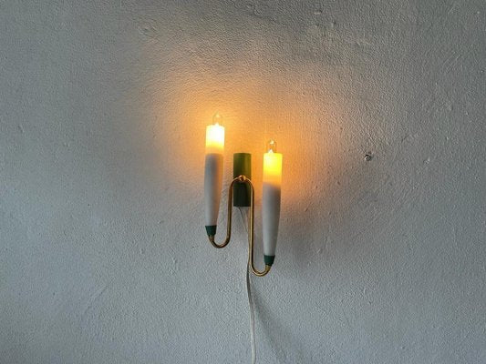 Mid-Century Italian Double Long Opal Glass & Green Metal Sconces, 1960s, Set of 2-RDS-1196877