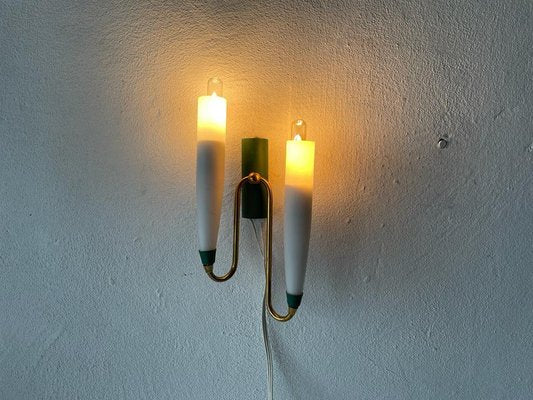 Mid-Century Italian Double Long Opal Glass & Green Metal Sconces, 1960s, Set of 2-RDS-1196877