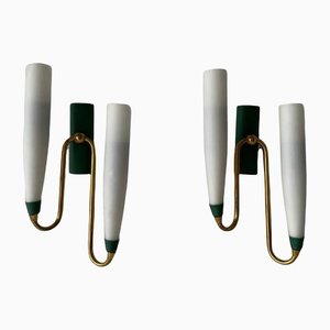 Mid-Century Italian Double Long Opal Glass & Green Metal Sconces, 1960s, Set of 2-RDS-1196877