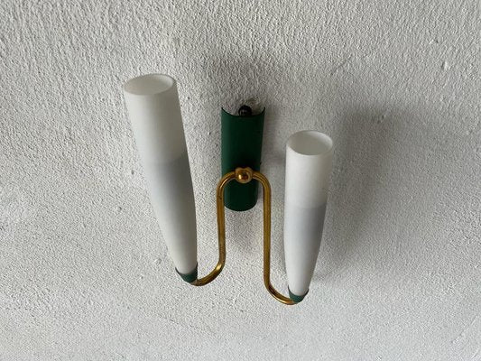 Mid-Century Italian Double Long Opal Glass & Green Metal Single Sconce, 1960s-RDS-1196878