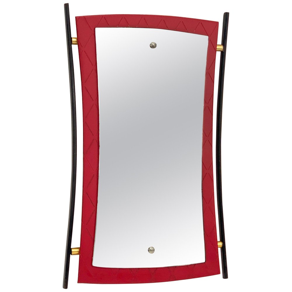 Mid-Century Italian Enameled Iron, Wood and Brass Wall Mirror by Cesare Lacca, 1950s