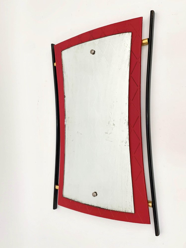 Mid-Century Italian Enameled Iron, Wood and Brass Wall Mirror by Cesare Lacca, 1950s