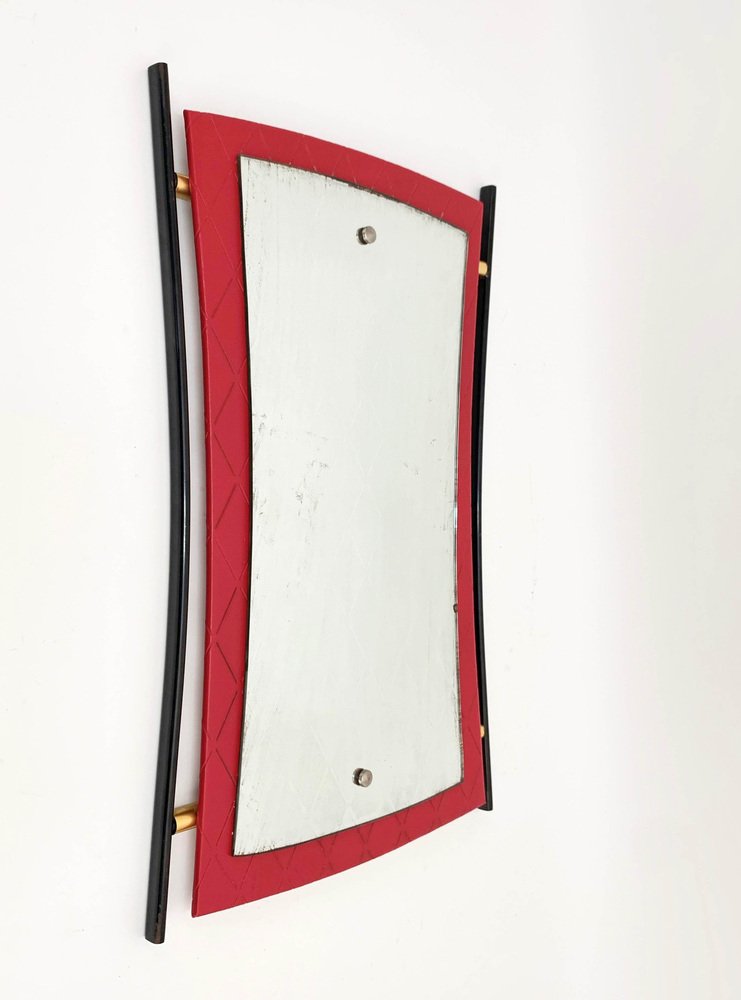 Mid-Century Italian Enameled Iron, Wood and Brass Wall Mirror by Cesare Lacca, 1950s