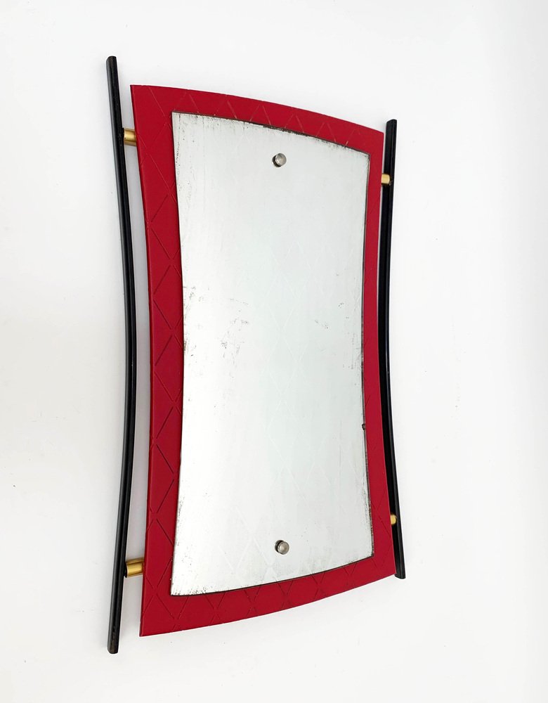 Mid-Century Italian Enameled Iron, Wood and Brass Wall Mirror by Cesare Lacca, 1950s