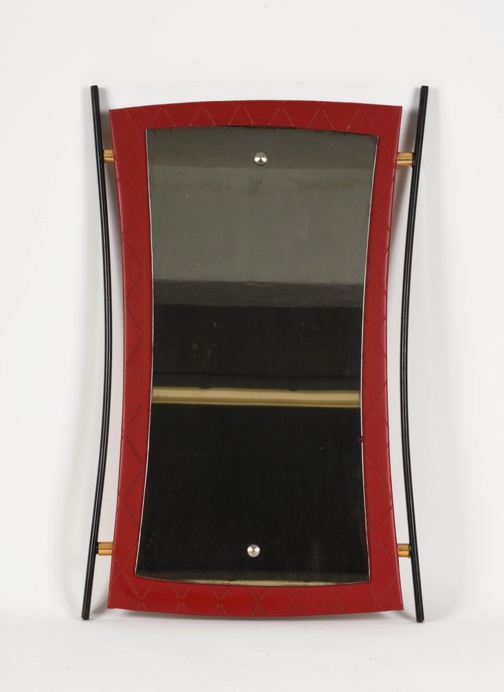 Mid-Century Italian Enameled Iron, Wood and Brass Wall Mirror by Cesare Lacca, 1950s