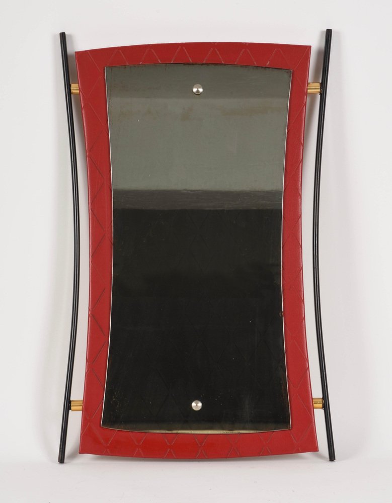 Mid-Century Italian Enameled Iron, Wood and Brass Wall Mirror by Cesare Lacca, 1950s