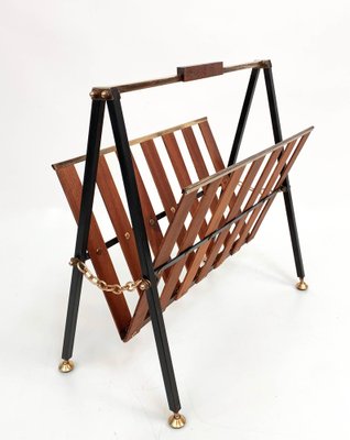 Mid-Century Italian Enameled Metal, Teak and Brass Magazine Rack, 1950s-JDR-1125966