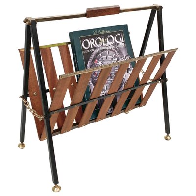 Mid-Century Italian Enameled Metal, Teak and Brass Magazine Rack, 1950s-JDR-1125966