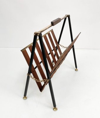 Mid-Century Italian Enameled Metal, Teak and Brass Magazine Rack, 1950s-JDR-1125966