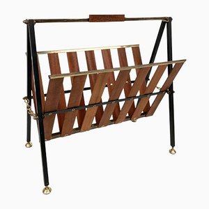 Mid-Century Italian Enameled Metal, Teak and Brass Magazine Rack, 1950s-JDR-1125966