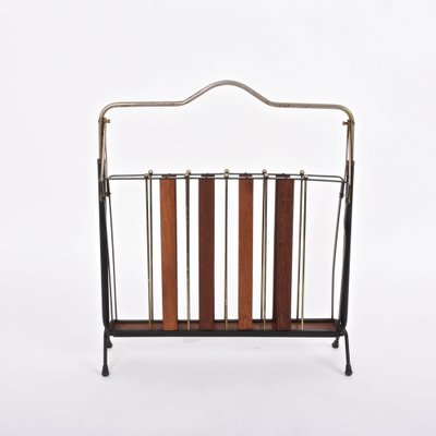 Mid-Century Italian Enameled Metal, Wood and Brass Magazine Rack, 1950s-JDR-1126148