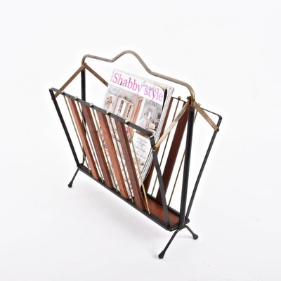 Mid-Century Italian Enameled Metal, Wood and Brass Magazine Rack, 1950s-JDR-1126148