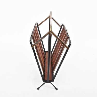 Mid-Century Italian Enameled Metal, Wood and Brass Magazine Rack, 1950s-JDR-1126148