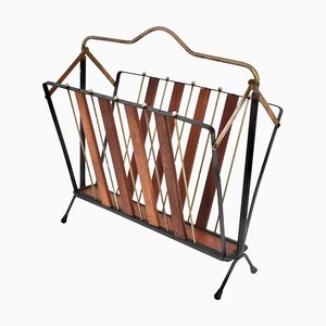 Mid-Century Italian Enameled Metal, Wood and Brass Magazine Rack, 1950s-JDR-1126148