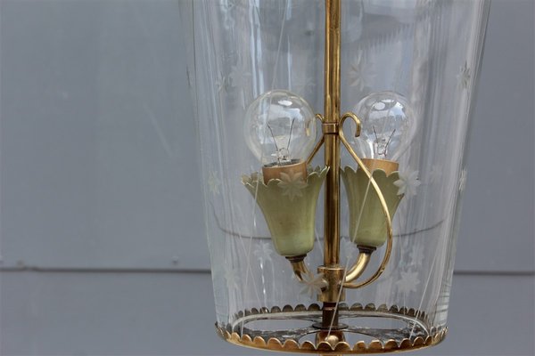 Mid-Century Italian Engraved Glass and Brass Ceiling Lamp from Crystal Art, 1950s-EH-625347