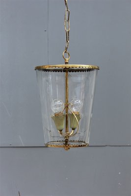 Mid-Century Italian Engraved Glass and Brass Ceiling Lamp from Crystal Art, 1950s-EH-625347