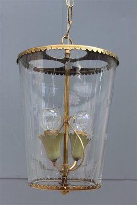 Mid-Century Italian Engraved Glass and Brass Ceiling Lamp from Crystal Art, 1950s-EH-625347