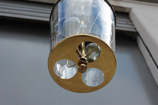 Mid-Century Italian Engraved Glass and Brass Ceiling Lamp from Crystal Art, 1950s-EH-625347