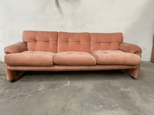 Mid-Century Italian Flamingo Pink Velvet 3-Seater Sofa by Tobia Scarpa for B&B, 1960s-DHH-707596