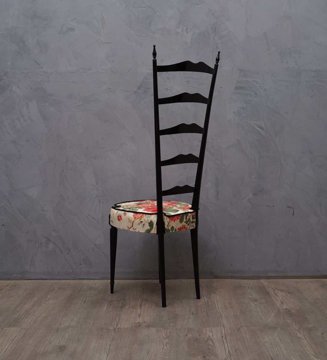 Mid-Century Italian Floral Fabric High Back Ladder Chiavari Chairs, 1950s, Set of 2