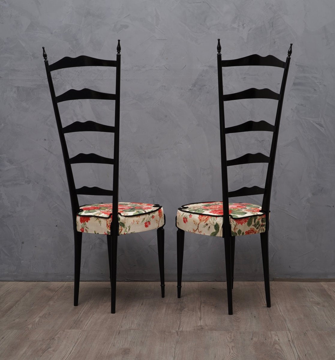 Mid-Century Italian Floral Fabric High Back Ladder Chiavari Chairs, 1950s, Set of 2