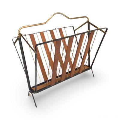 Mid Century Italian Folding Magazine Rack '50s Metal And Teak Wood-WUW-1818668