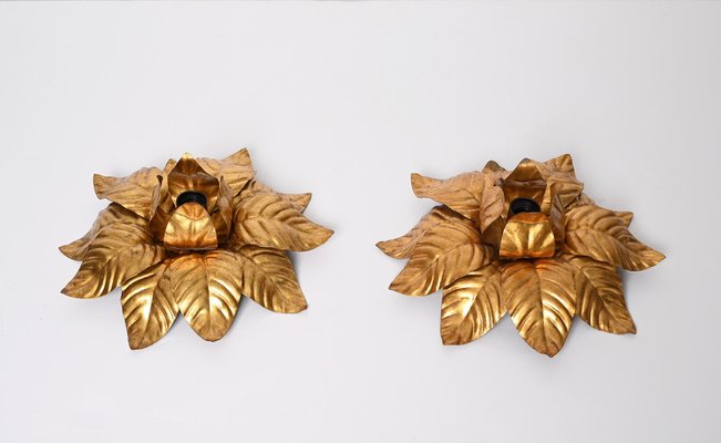 Mid-Century Italian Gilded Iron Flower Sconces, 1970s, Set of 2-JDR-1357682