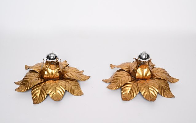 Mid-Century Italian Gilded Iron Flower Sconces, 1970s, Set of 2-JDR-1357682