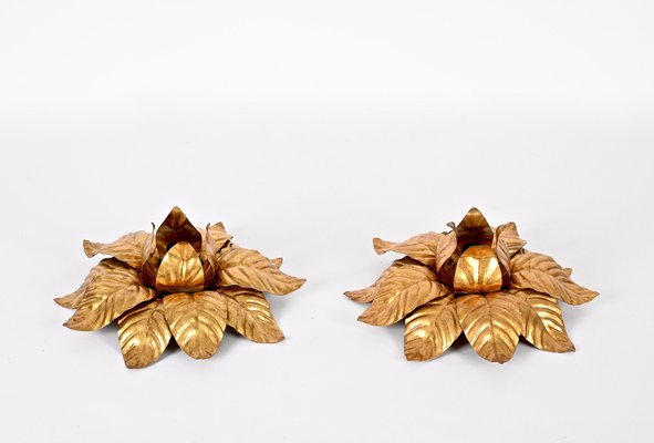 Mid-Century Italian Gilded Iron Flower Sconces, 1970s, Set of 2-JDR-1357682