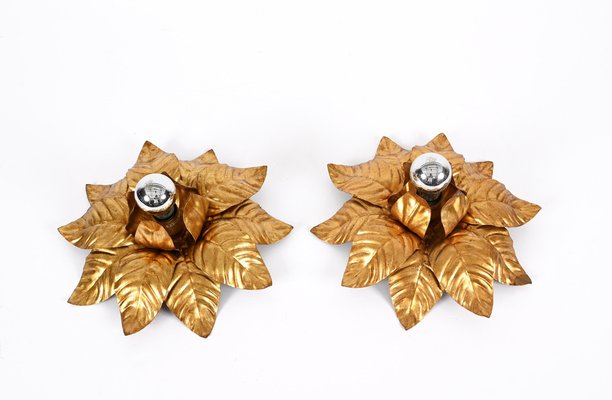 Mid-Century Italian Gilded Iron Flower Sconces, 1970s, Set of 2-JDR-1357682