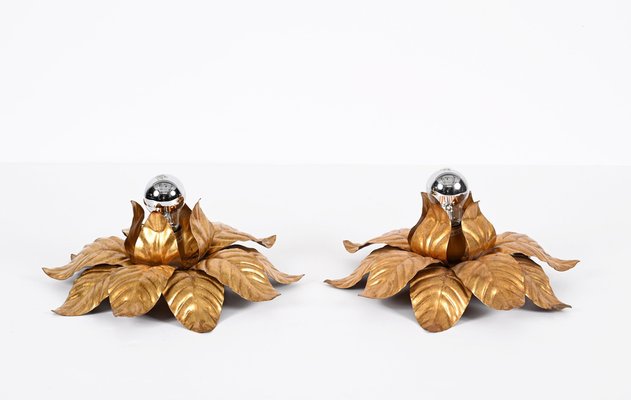 Mid-Century Italian Gilded Iron Flower Sconces, 1970s, Set of 2-JDR-1357682